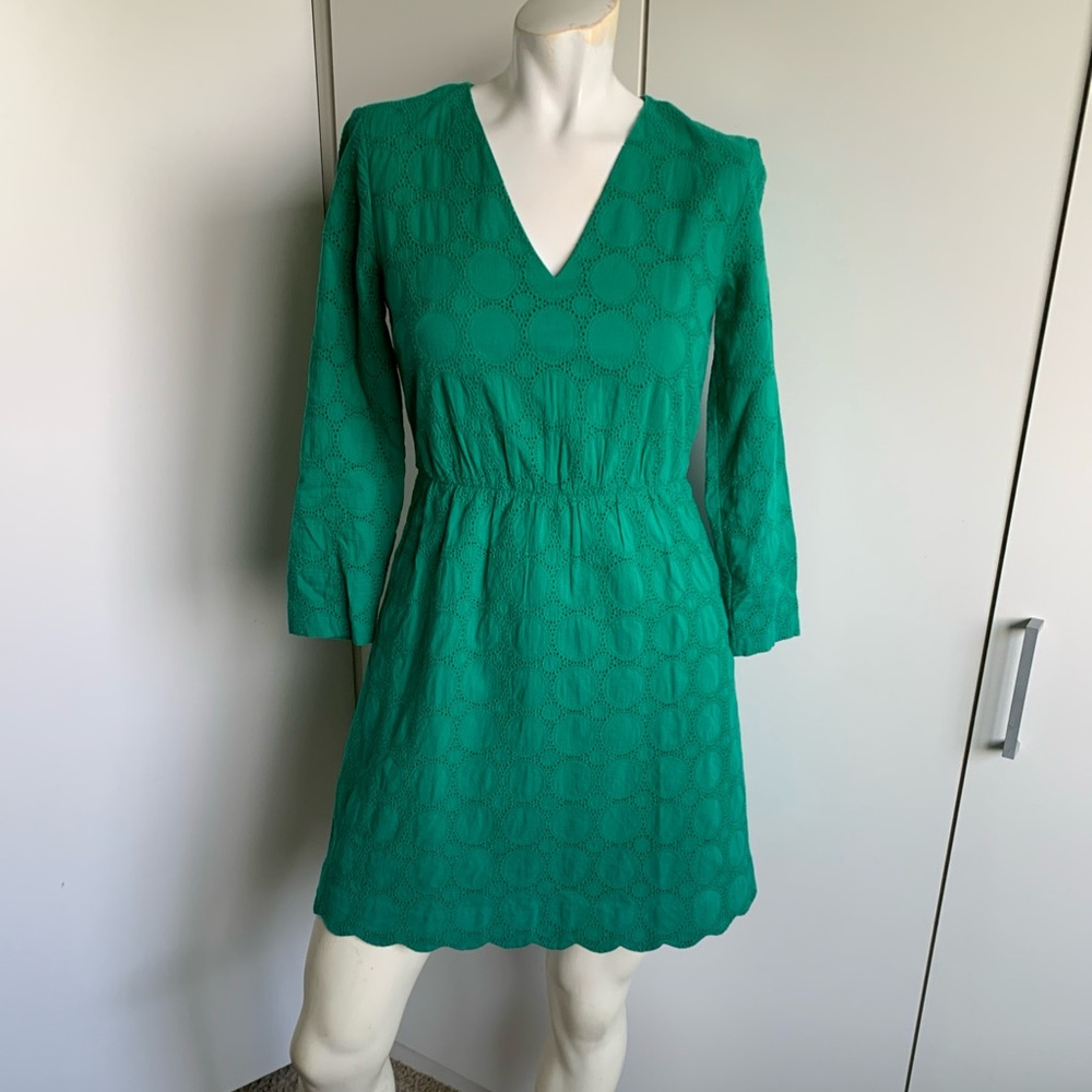 J.Crew size 00 green fit and flare dress back zip 3/4 sleeve eyelet embroidery
